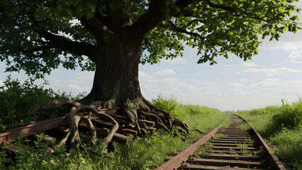 Fototapeta premium Ancient sprawling tree with exposed roots beside a decaying railway track.