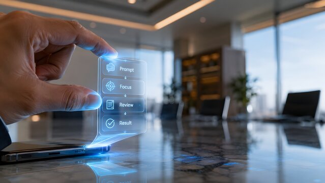 A business professional using advanced digital interface technology for professional prompt engineering in a modern office environment