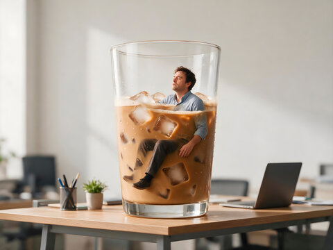 Playful surreal scene of an exhausted office worker sitting inside an enormous transparent glass of iced coffee as if it were a tiny swimming pool