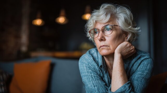 Thoughtful elderly woman with glasses looking into the distance with a pensive expression