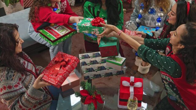 Friends exchange beautifully wrapped gifts around a table with Christmas decorations.