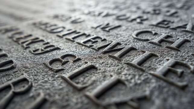 Macro view of engraved names on a war memorial wall. Deep carved letters visible on a weathered stone surface.