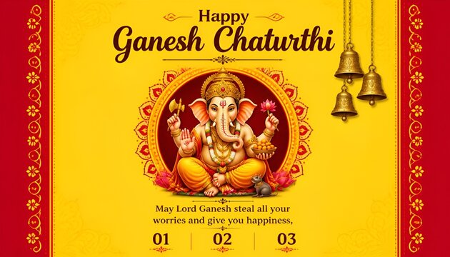 Lord Ganesha depicted in a vibrant orange and yellow graphic design illustration for the traditional Hindu festival of Ganesh Chaturthi featuring hanging gold temple ...