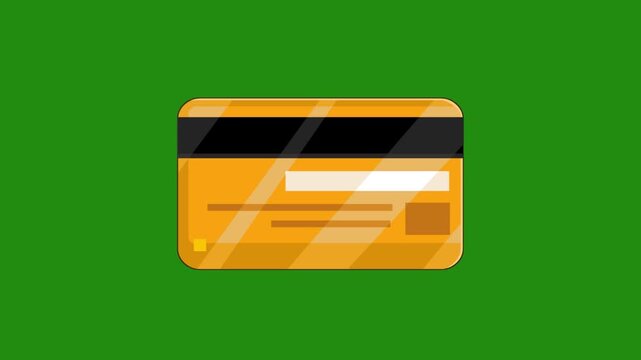 Cartoon style animation of a gold credit card on a green background, money, drawing, 2D, art.
