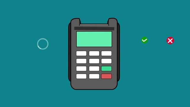 Animation in Cartoon style credit card payment terminal, green background, money, art.