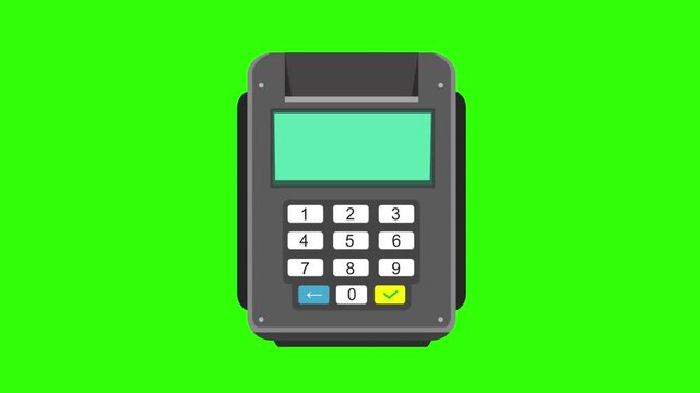 Animation in Cartoon style credit card payment terminal, green background, money, drawing, 2D, art.