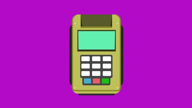 Animation in Cartoon style credit card payment terminal, red background, money, 2D, art.