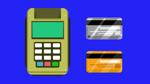 Animation in Cartoon style of a payment terminal and credit cards, blue background, money, drawing, 2D, art.