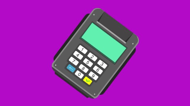 Animation in Cartoon style credit card payment terminal, red background, money, drawing, 2D, art.