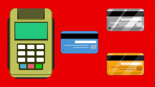 Animation in Cartoon style of a payment terminal and credit cards, red background, money, drawing, 2D, art.