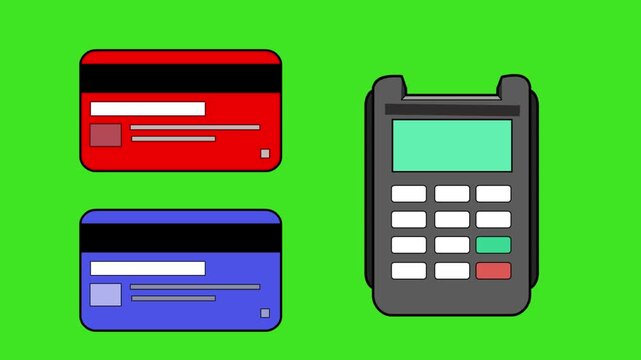 Animation in Cartoon style of a payment terminal, receipt, and credit cards, green background,money,drawing, 2D, art.