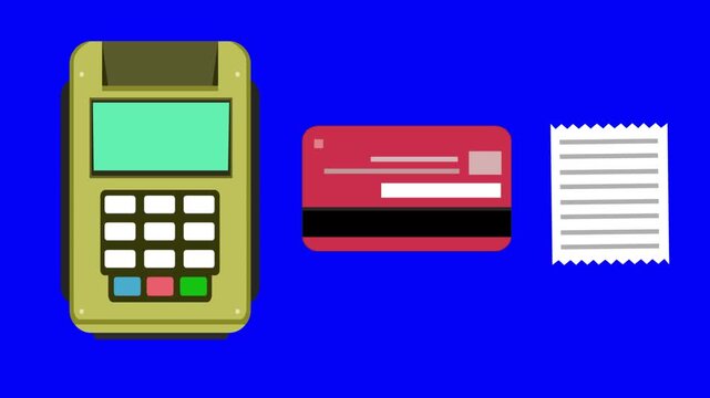Animation in Cartoon style of a payment terminal, receipt, and credit card, blue background,money,drawing, 2D, art.