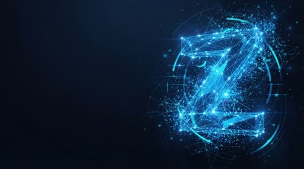 Naklejka premium Abstract digital Z letter with glowing blue neon lines, nodes, and geometric patterns. Studio lighting, dark background, futuristic tech mood emphasizing connectivity and innovation.