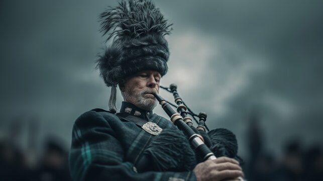Scottish bagpiper at a memorial service. Elderly man in tartan uniform and fur hat plays bagpipes outdoors under cloudy sky; military remembrance, funeral ceremony.
