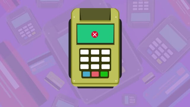 Cartoon style animation of a credit card payment terminal declining a payment, background, money, drawing, 2D, art.