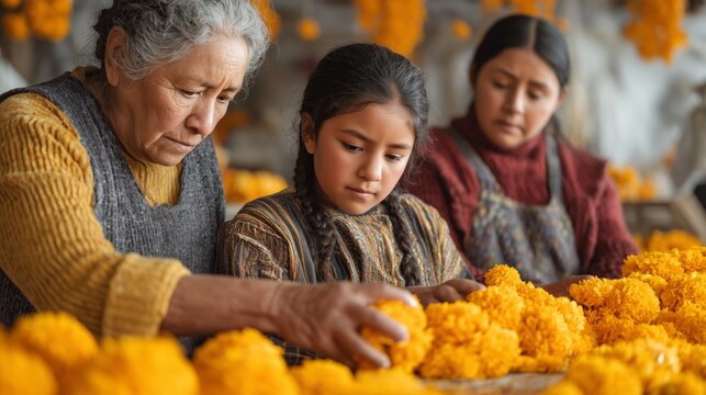 Mexican family preparing marigold offerings for Day of the Dead. Elderly woman, adult woman and young girl arranging cempas&uacute;chil flowers indoors for a traditional ofrenda remembrance ritual.