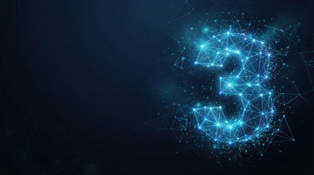 Neon-blue, geometric number three with pixelated dots on dark background, futuristic lighting, abstract design, modern tech aesthetic for digital marketing.