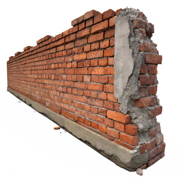 Broken Red Brick Wall Section with Exposed Concrete Mortar Isolated on Solid White Background
