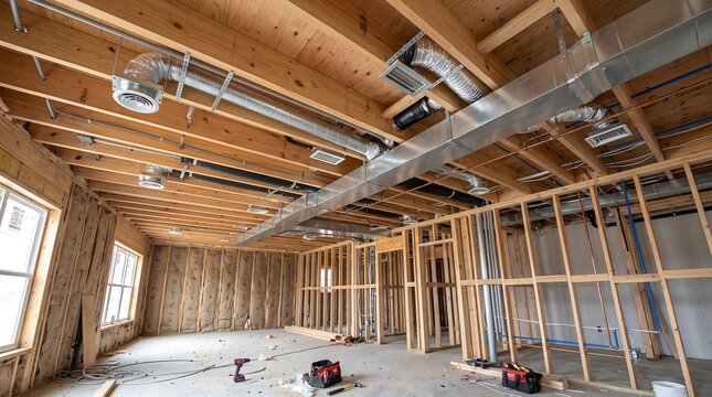 Modern wooden interior under construction with exposed beams and ductwork