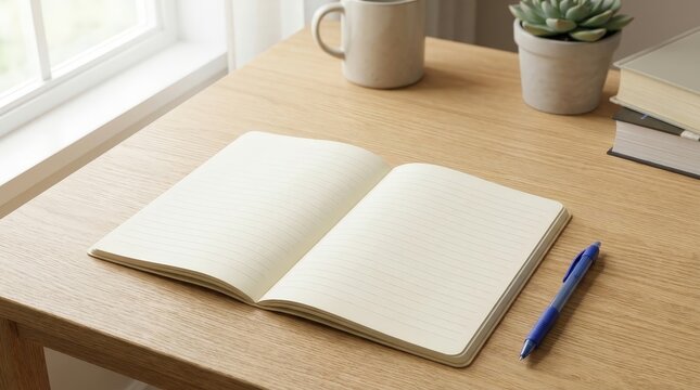 Open notebook on a wooden desk for study planning, note taking, journaling, education, productivity and organized learning.