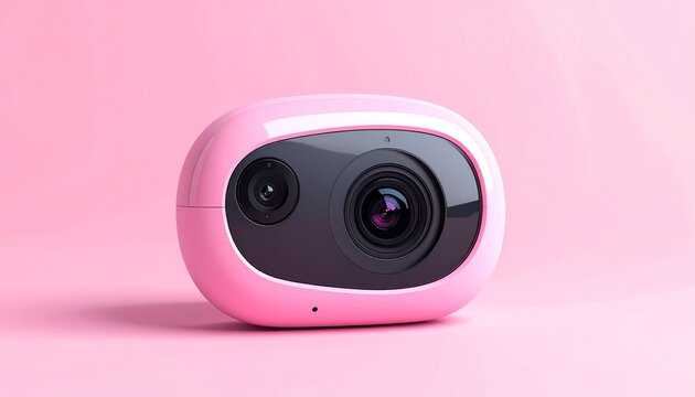A pink smart camera with rounded design and black lens, symbolizing modern technology, elegance, and playful minimalism.