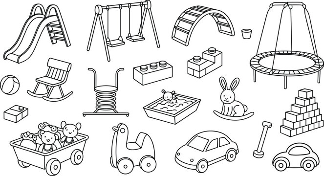 Collection of playground equipment and children toys doodle icons with slide swing trampoline and building blocks isolated on white background
