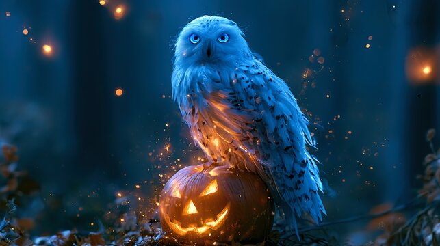 Majestic snowy owl with glowing blue eyes perched on classic carved jack-o'-lantern set in mystical forest landscape during twilight hour with golden
