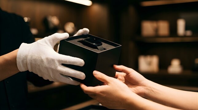 Sales assistant hands a luxury smartwatch in a box to a customer