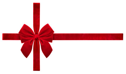 Obraz premium Festive Christmas velvet red bow tied with velvet wrapping ribbon. Element for design. Present. Christmas decor.