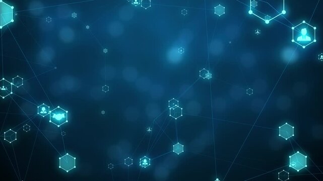 Abstract blue business network loop with glowing user icons, handshake symbols and hexagon plexus lines, representing HR management, global connectivity, partnership and team connection