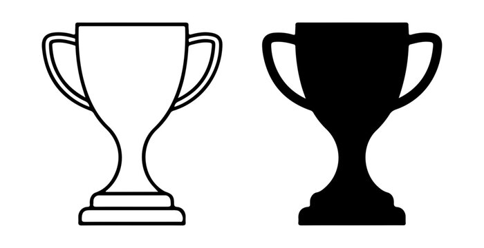 Trophy cup icons set. Winner award symbols in outline and solid black styles.