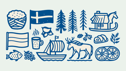 Collection of hand drawn scandinavian objects in a blue line illustration style on a light background art © PRODIP