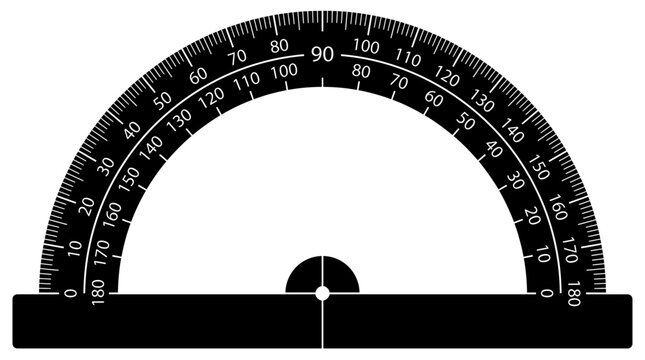 A black semi circular protractor used for measuring angles in geometry.