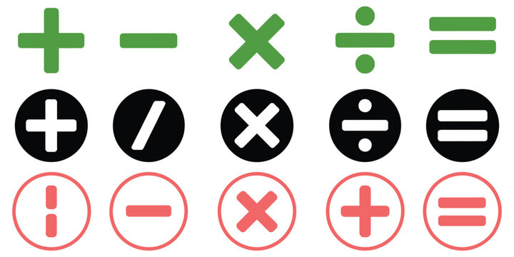Math symbols icon set, basic mathematical symbols for education, algebra, arithmetic, geometry, classroom lessons, scientific calculations, and academic learning resources.