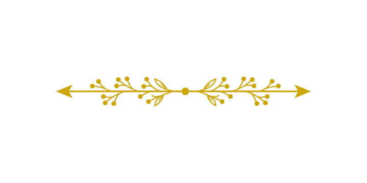 Decorative golden floral divider with arrows and berries, isolated on transparent background