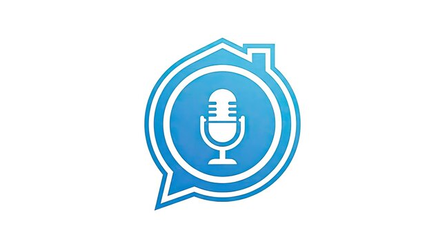 Blue microphone speech bubble logo with house silhouette.