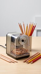 Fototapeta premium Electric pencil sharpener with colored pencils on a study desk for schoolwork, drawing, classroom use and organized stationery.