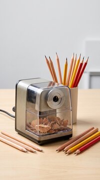 Electric pencil sharpener with colored pencils on a study desk for schoolwork, drawing, classroom use and organized stationery.