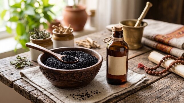 Amber Glass Bottle With Blank Label and Herbal Ingredients for Natural Apothecary and Holistic Wellness Preparation
