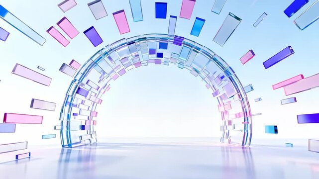 Futuristic glass tunnel with glowing pink and blue rectangular shapes in a bright modern abstract design concept