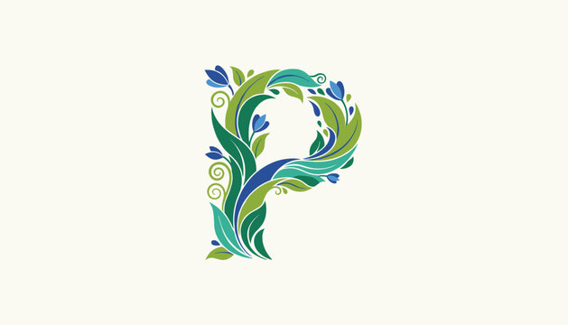 Elegant floral letter P monogram designed with winding green leaves and blue flowers for luxury botanical branding.