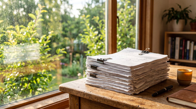 A cozy workspace setup featuring a thick stack of notes, a journal, and natural window light filtering through greenery.