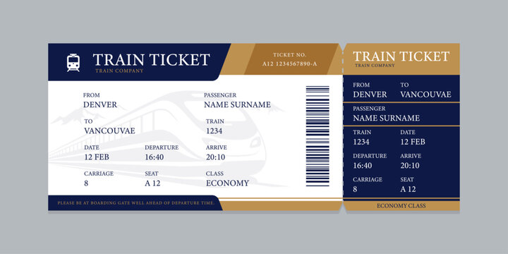 Vector flat train ticket template with passenger information and trip.