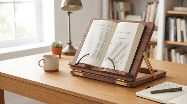 Open textbook displayed on a wooden book stand for comfortable reading, academic study, research and hands free learning.
