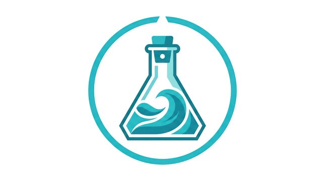 Laboratory flask with swirling blue liquid in circular logo design. Scientific beaker icon for research, chemistry, and innovation branding.