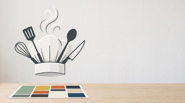 Chef hat with kitchen utensils icon. Culinary logo design with cooking tools and steam.