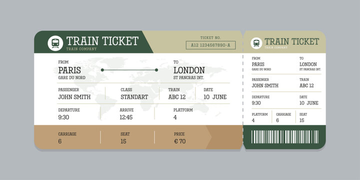 Vector flat train ticket template with passenger information and trip.