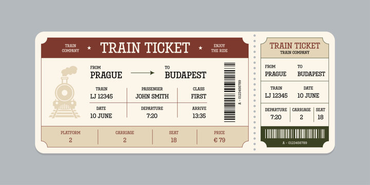Vector flat train ticket template with passenger information and trip.