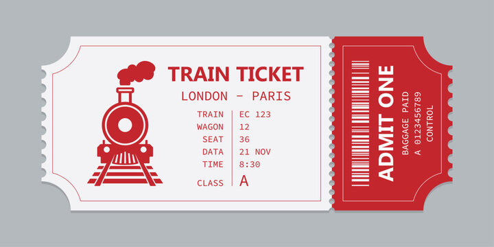 Vector flat train ticket template with passenger information and trip.