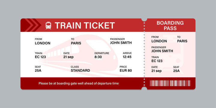 Vector flat train ticket template with passenger information and trip.